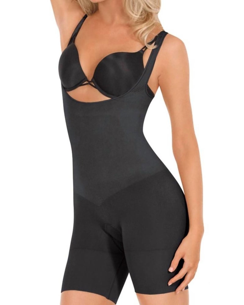 Front of a model wearing a size Large Seamless Open Bust Boxer Body Shaper in Black in Black by EuroSkins. | dia_product_style_image_id:345436